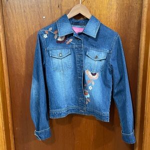 Jean Jacket with neutral color floral embroidery